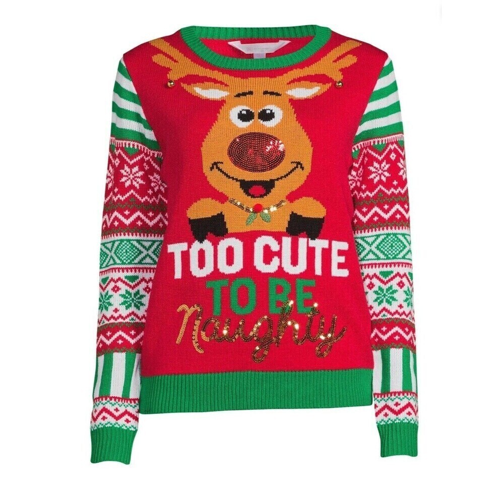 Christmas Sweater Junior Size Medium TOO CUTE TO BE NAUGHTY Reindeer With Bells